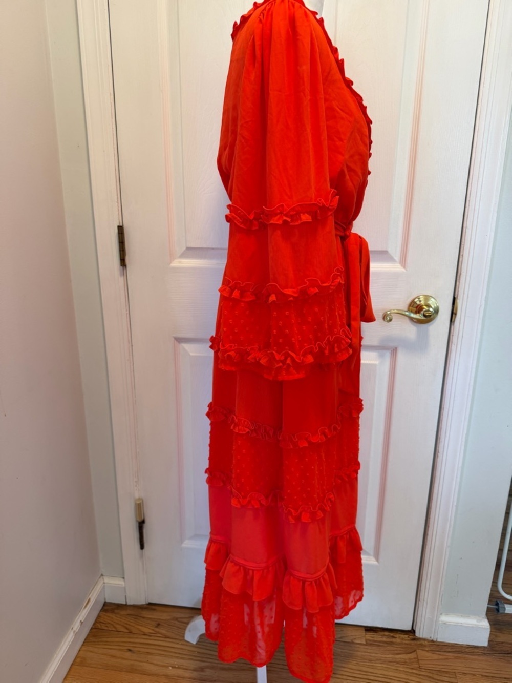 ALEXIS for Target Red Clip Dot Ruffle Tiered Midi Dress Angel Sleeve Wrap Size M - Picture 10 of 15